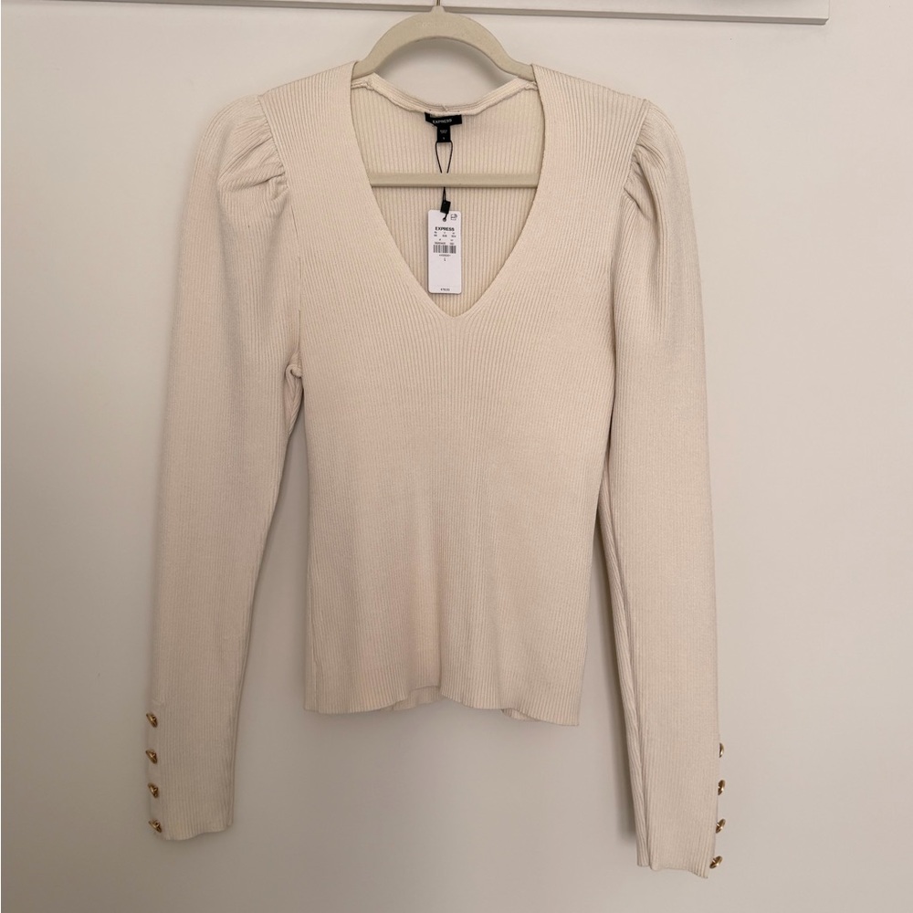 Express Cream V-Neck Sweater